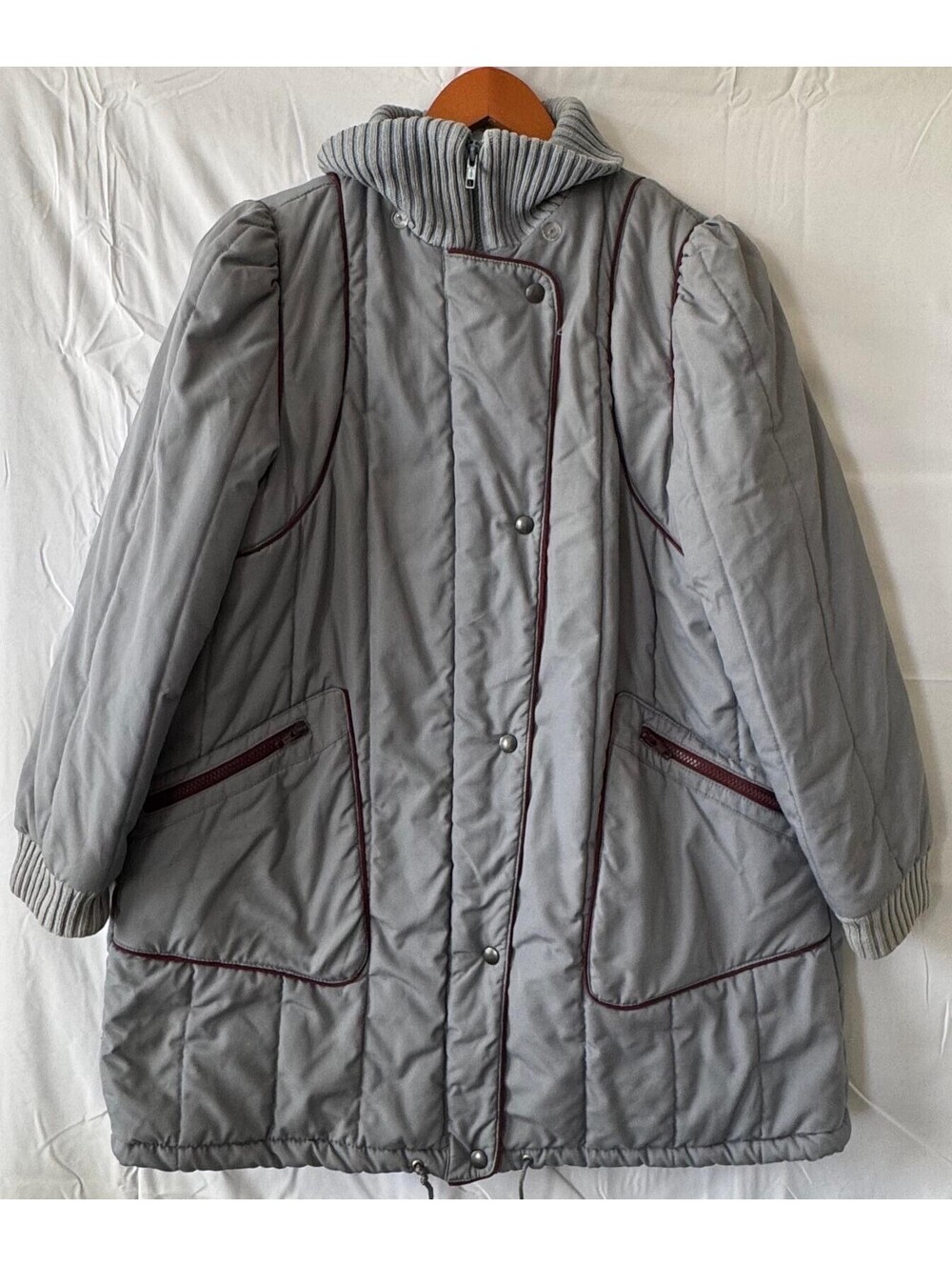 Mulberry Street Jacket XL Gray Quilted Puffer 80s Ski Coat Burgundy Piping